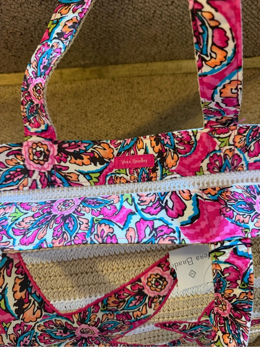 Vera Bradley Cream Woven Tote with Pink Floral Starfish Appliqué New with Tags